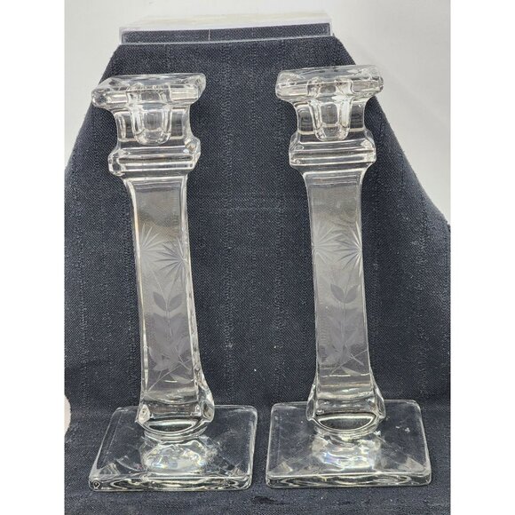 Vintage Westmoreland Etched Glass Candlestick Holders Elegant Square Base Design - Picture 3 of 11